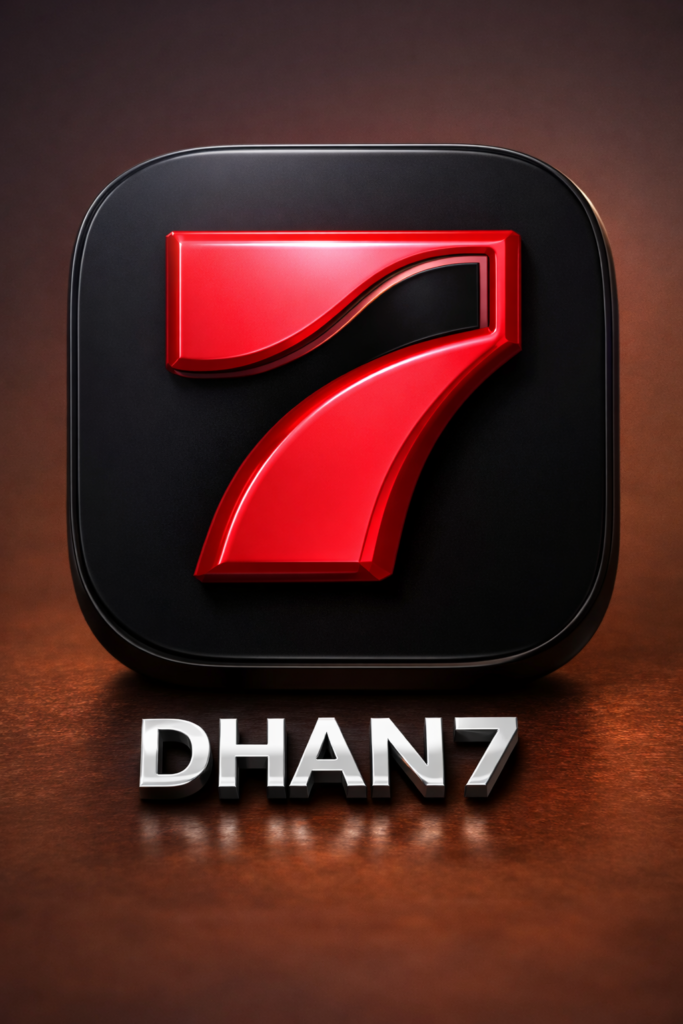 DHAN7 app ka 3D red number 7 logo black background ke saath