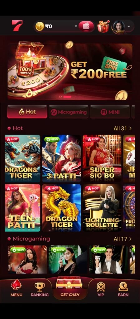 Dhan7 App interface showing games and earning options